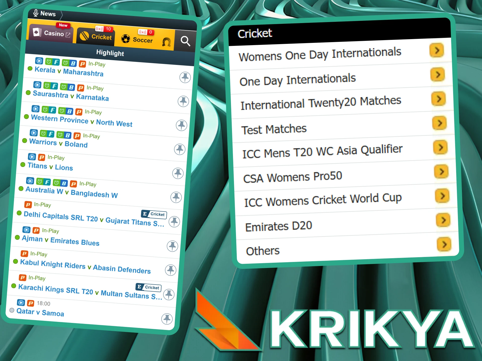 Place your bets at Krikya Online Casino on your favorite cricket team participating in the IPL.
