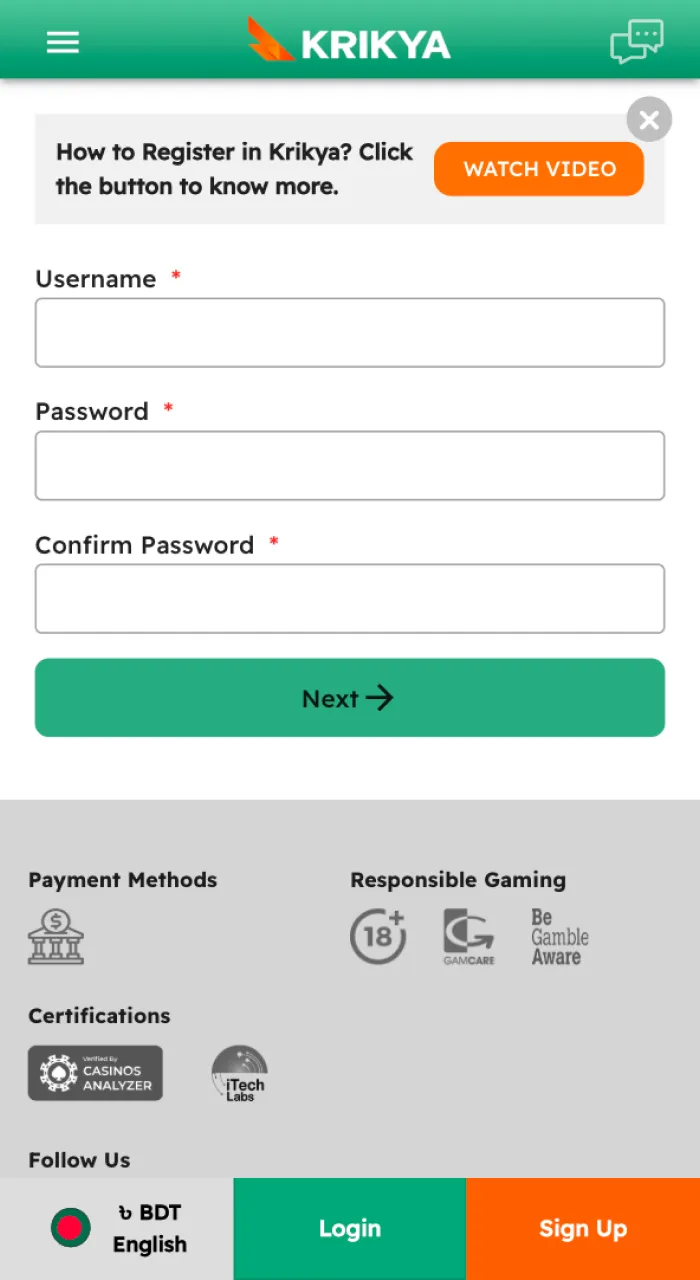Open an account to begin the first step of how to bet on Kabaddi at Krikya.